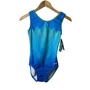 GK Elite Green Blue Sleeveless Gymnastic Leotard and Scrunchie Size AM